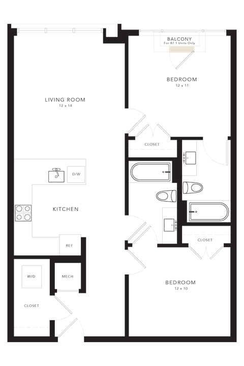 Floor plan for 2 beds, 2 baths, 799 sqft